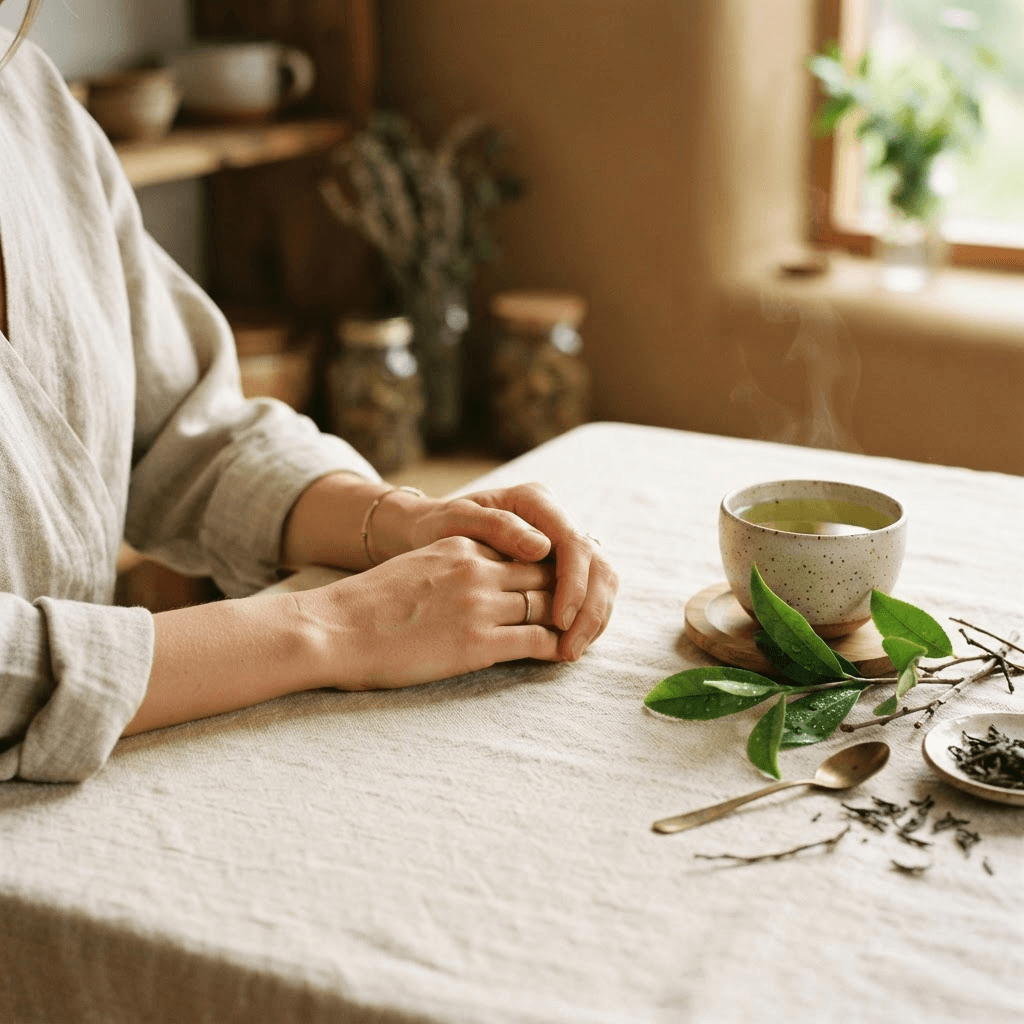 Manos relajadas junto a té verde y hojas frescas