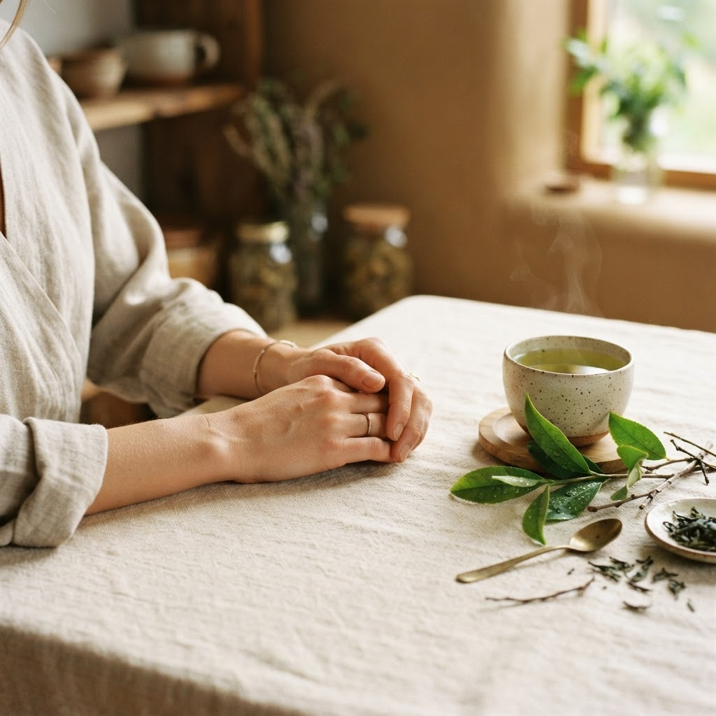 Manos relajadas junto a té verde y hojas frescas